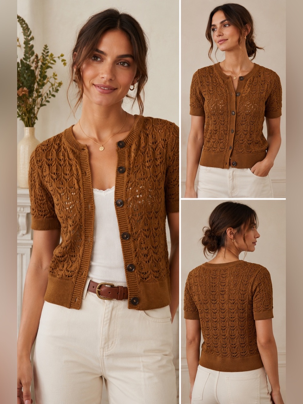 Boden Gingerbread Brown Pointelle Crochet Short Sleeve Cardigan Size Small